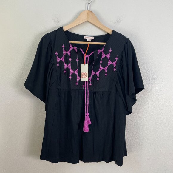 NEW Knox Rose Womens Medium Blouse Pink Embroidered Tassel Tie Boho Shirt Top - Picture 1 of 8